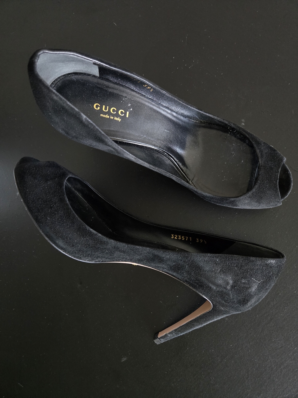 Authentic Gucci Black Suede Peep Toe Pumps Heels EU 39.5